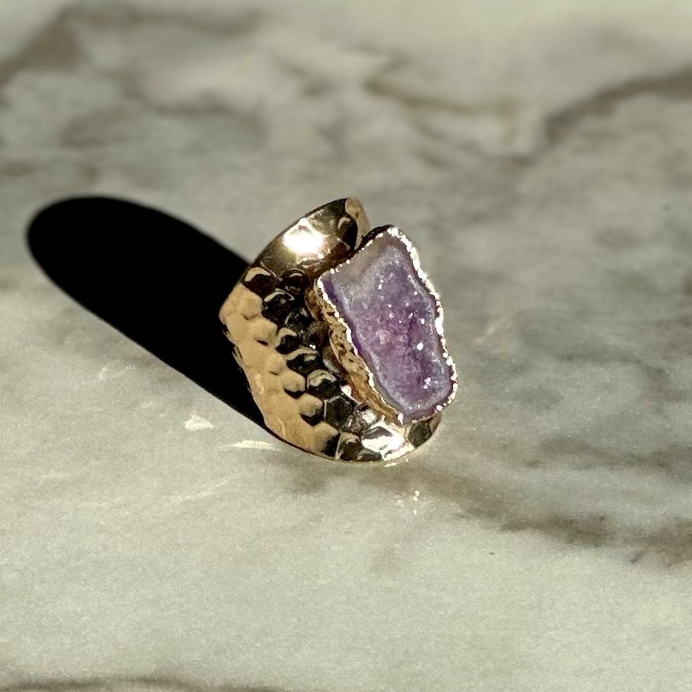 NEW Luxury Natural Stone Adjustable Crystal Irregular Geode Gold-plated Ring